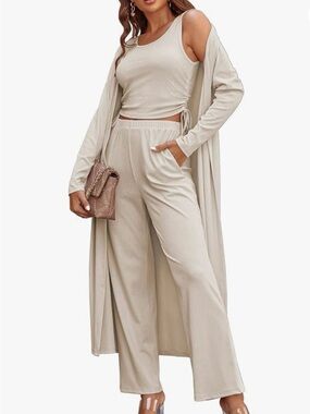 Women's Cream 3-Piece Lounge Robe Set - Cozy Layered Sleepwear